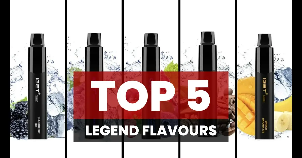 A collection of the Top 5 IGET Legend disposable vapes being reviewed.